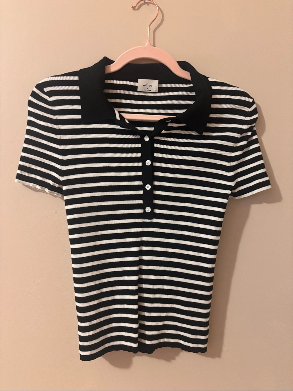 Aritzia Black & White Striped Polo Button-Down Top